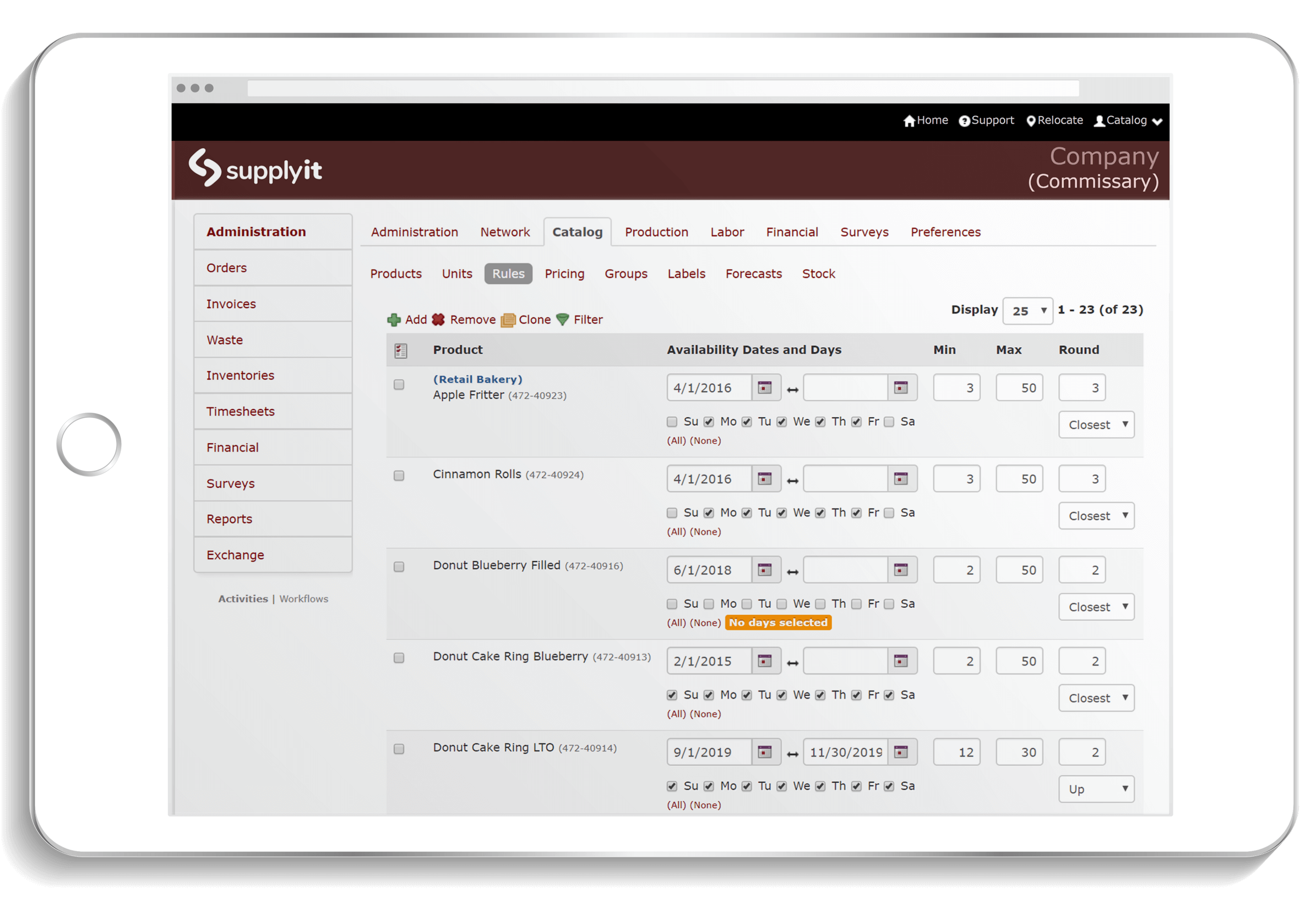 ordering rules screen in Supplyit